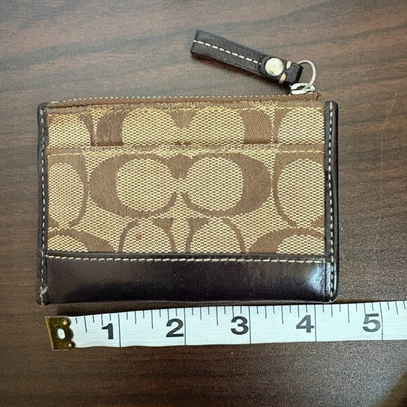 Coach Hampton Signature Mini Skinny ID Card Case Khaki Brown Leather Keychain - Picture 5 of 7